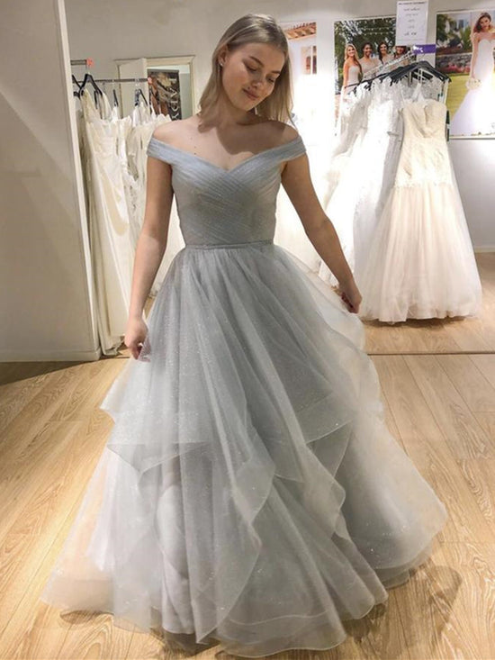 Long A-line Off the Shoulder Tulle Formal Prom Dresses-BIZTUNNEL