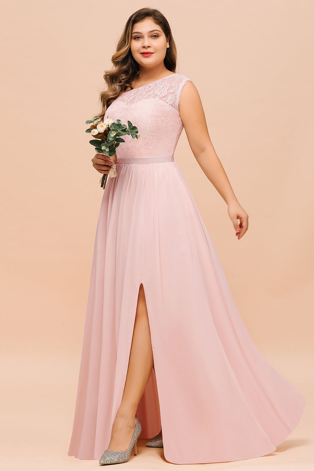 Long A-Line One Shoulder Chiffon Plus Size Bridesmaid Dress With Slit-BIZTUNNEL