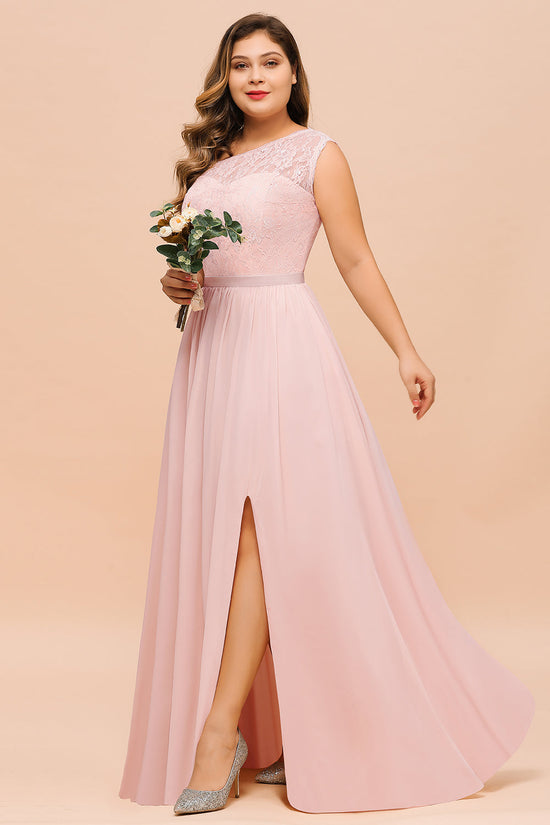 Long A-Line One Shoulder Chiffon Plus Size Bridesmaid Dress With Slit-BIZTUNNEL