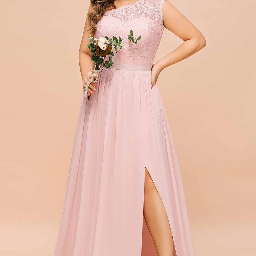Long A-Line One Shoulder Chiffon Plus Size Bridesmaid Dress With Slit –  BIZTUNNEL