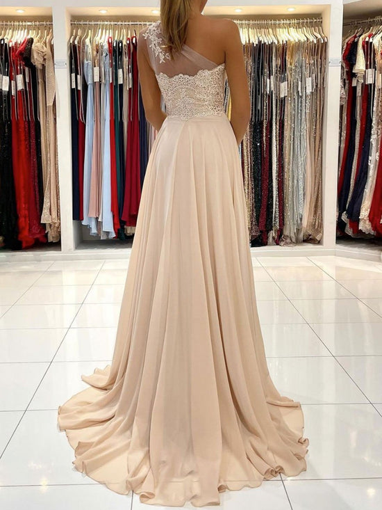 Long A-line One Shoulder Chiffon Prom Dress with Slit Lace Formal Evening Gowns-BIZTUNNEL