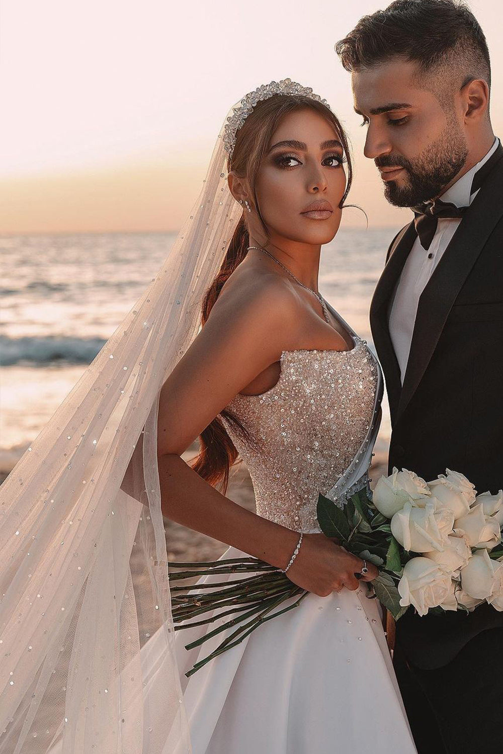 Long A-Line One Shoulder Sequins Satin Wedding Dress with Sleeves Long A-Line One Shoulder Sequins Satin Wedding Dress with Sleeves