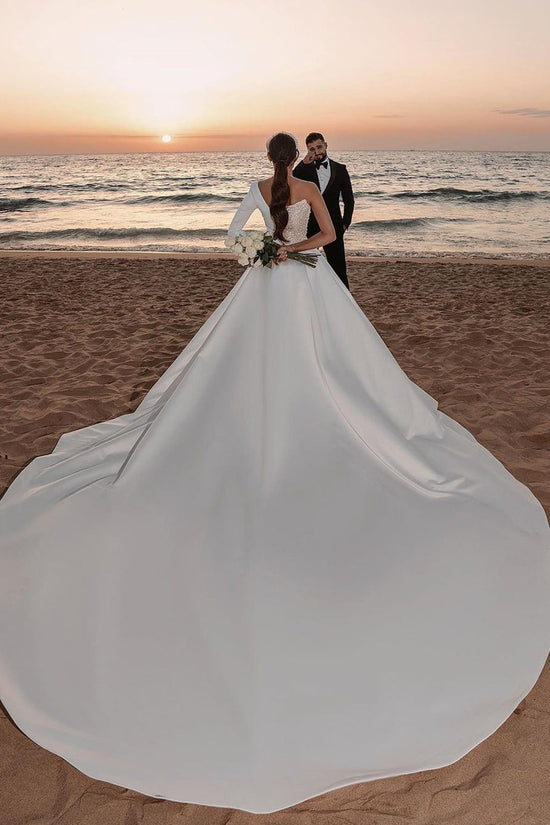Carregar imagem no visualizador da galeria, Long A-line One Shoulder Sequins Satin Wedding Dress with Sleeves-BIZTUNNEL
