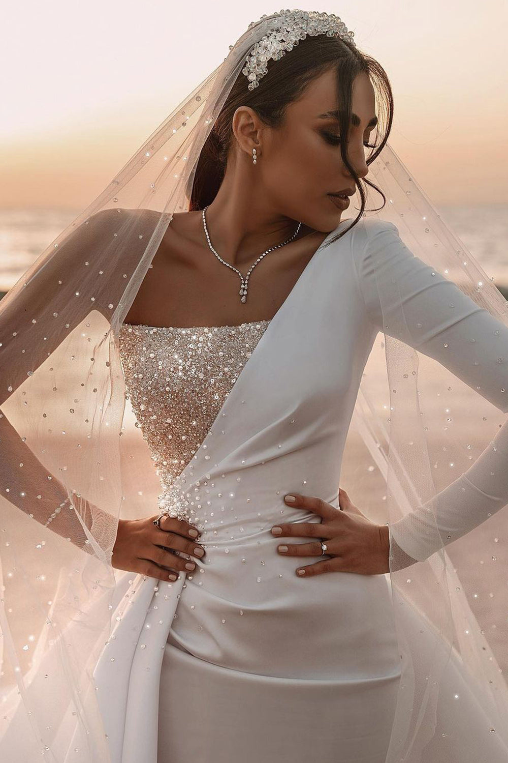 Carregar imagem no visualizador da galeria, Long A-line One Shoulder Sequins Satin Wedding Dress with Sleeves-BIZTUNNEL
