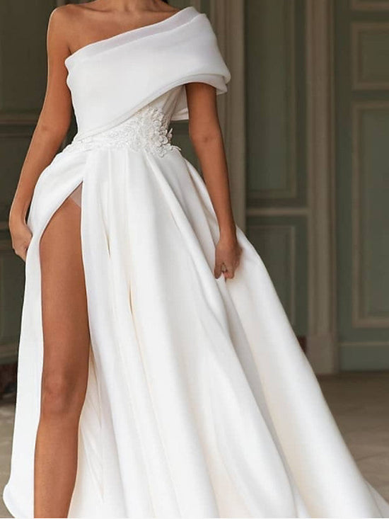 Load image into Gallery viewer, Long A-Line One Shoulder Sweep Brush Train Chiffon Wedding Dresses with Slit-BIZTUNNEL
