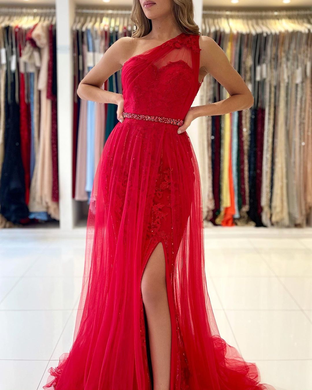 Long A-line One Shoulder Tulle Front Slit Prom Dress with Detacable Train-BIZTUNNEL