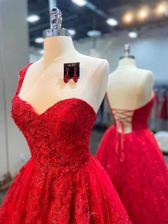 Long A-line One Shoulder Tulle Lace Prom Dress Red Backless Formal Evening Gowns-BIZTUNNEL