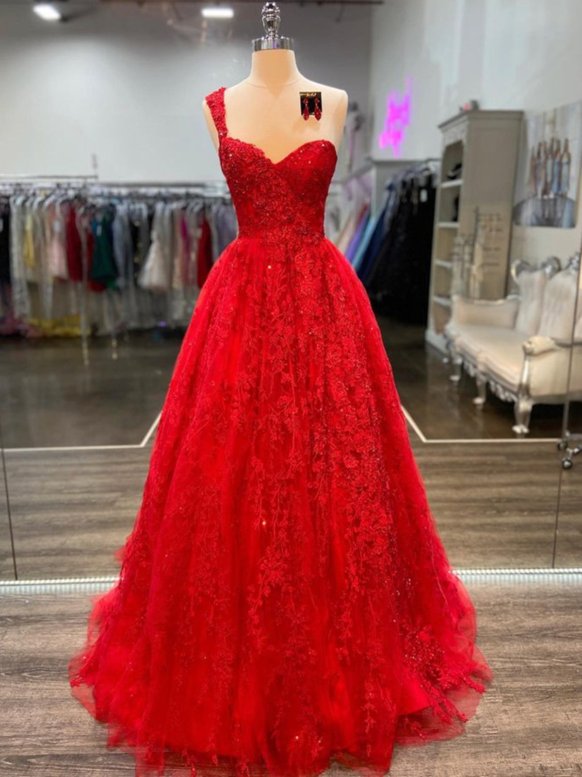 Long A-line One Shoulder Tulle Lace Prom Dress Red Backless Formal Evening Gowns-BIZTUNNEL