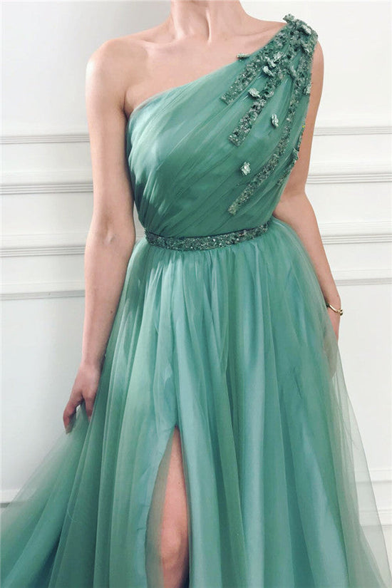 Long A-line One Shoulder Tulle Prom Dress with Slit-BIZTUNNEL