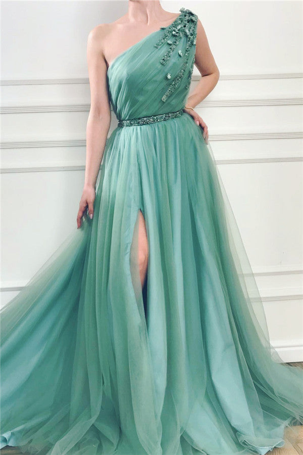 Long A-line One Shoulder Tulle Prom Dress with Slit-BIZTUNNEL