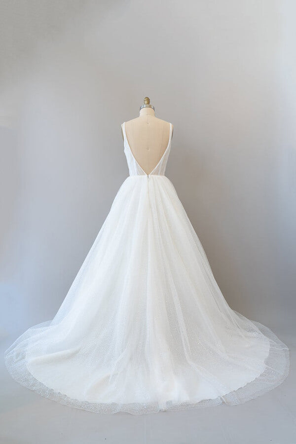 Long A-line Open Back Sequins Tulle Backless Wedding Dress-BIZTUNNEL