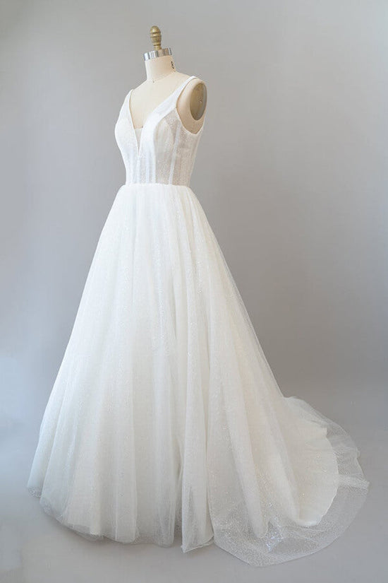 Laden Sie das Bild in den Galerie-Viewer, Long A-line Open Back Sequins Tulle Backless Wedding Dress-BIZTUNNEL
