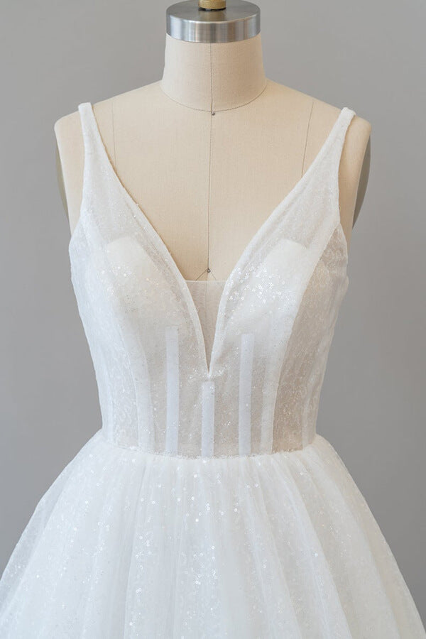 Laden Sie das Bild in den Galerie-Viewer, Long A-line Open Back Sequins Tulle Backless Wedding Dress-BIZTUNNEL

