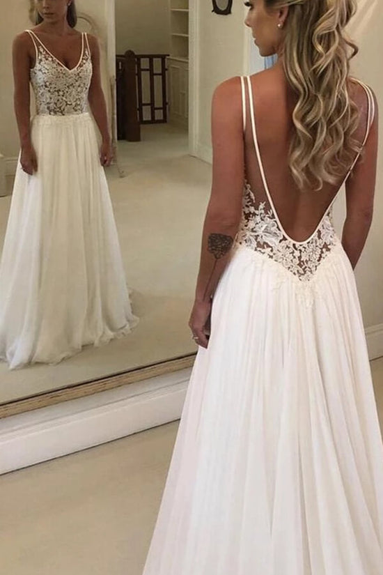 Long A-line Open Back V-neck Lace Chiffon Wedding Dress-BIZTUNNEL