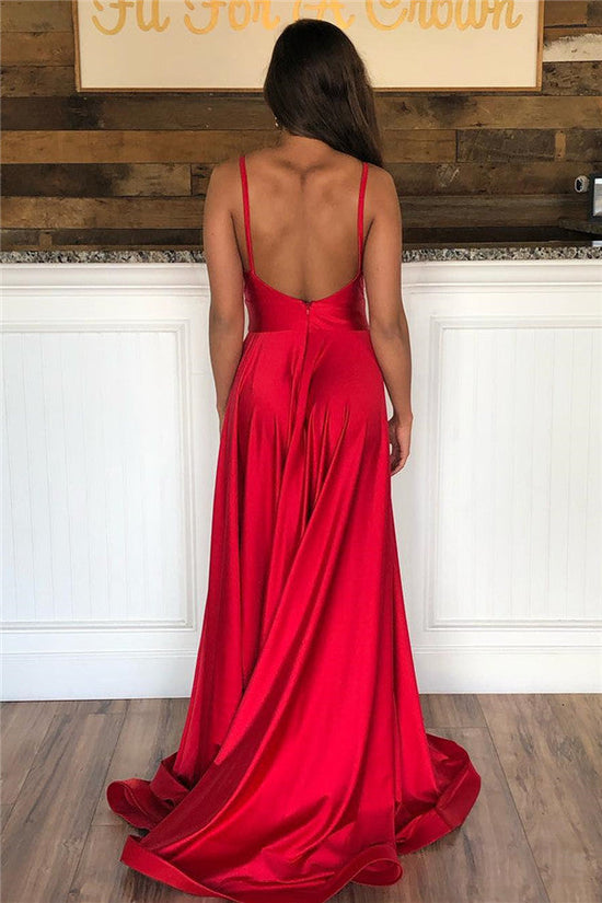 Long A-line Open Back V-neck Red Prom Dress With Slit-BIZTUNNEL