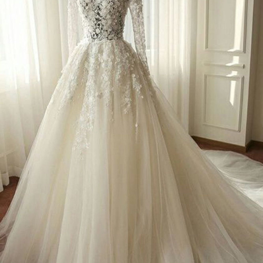 Long A-line Organza Lace Wedding Dresses with Sleeves-BIZTUNNEL