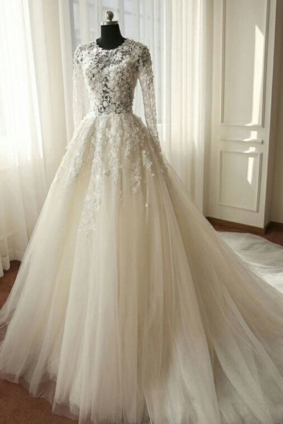 Charger l&amp;#39;image dans la galerie, Long A-line Organza Lace Wedding Dresses with Sleeves-BIZTUNNEL
