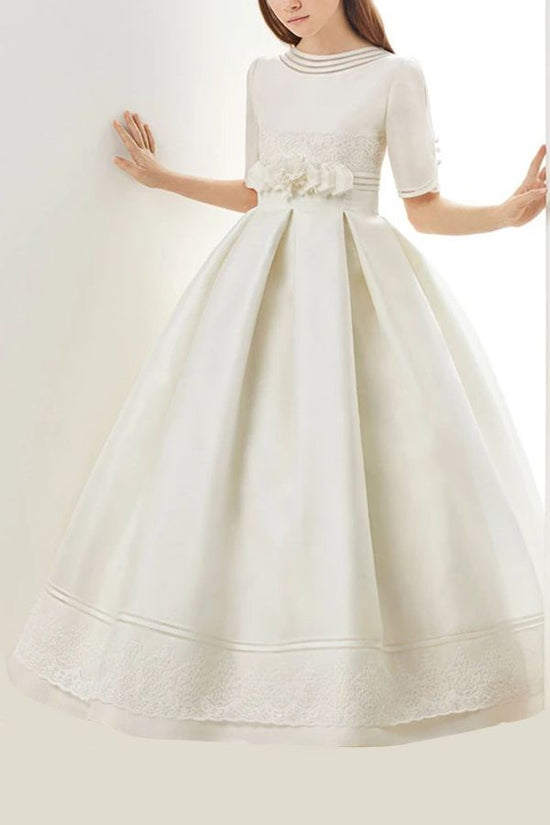 Long A-line Ruffle Jewel Neck Half Sleeves Flower Girl Dresses For Pageant-BIZTUNNEL