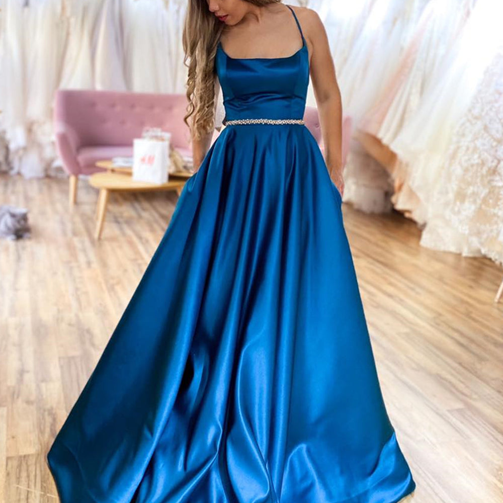 backless elegant dresses Long A-line Satin Backless Formal Prom Dresses with Belt – BIZTUNNEL