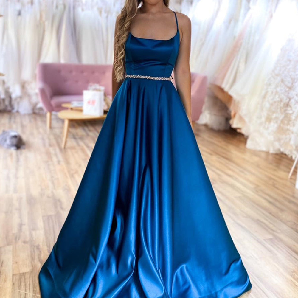 Long A-line Satin Backless Formal Prom Dresses with Belt Long A-line Satin Backless Formal Prom Dresses with Belt