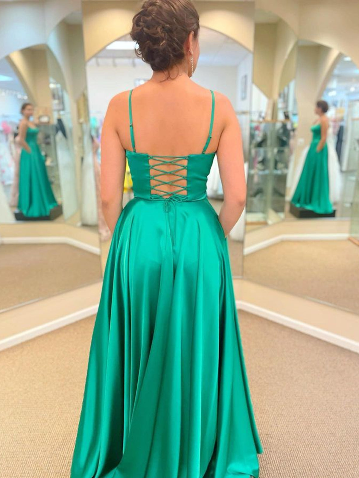 Long A-line Satin Prom Dress with Pockets Green Formal Graduation Evening Dresses with Slit-BIZTUNNEL