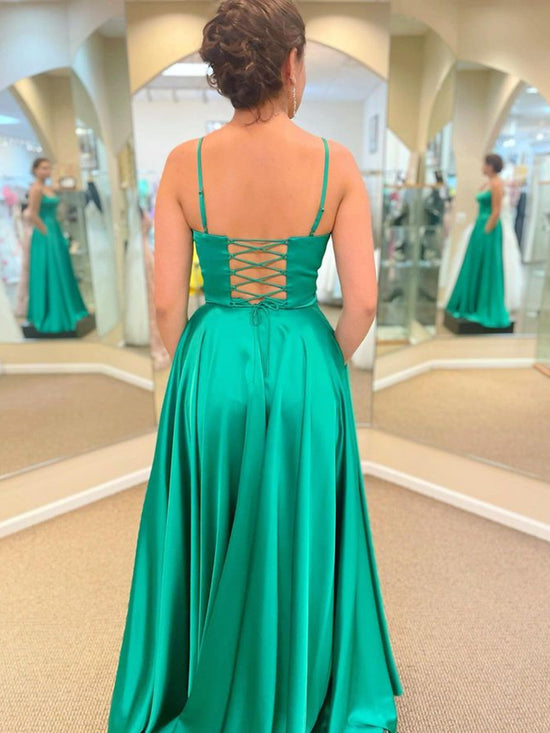 Long A-line Satin Prom Dress with Pockets Green Formal Graduation Evening Dresses with Slit-BIZTUNNEL