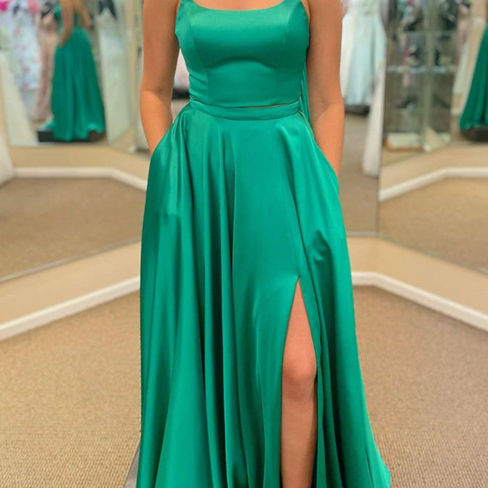 Long A-line Satin Prom Dress with Pockets Green Formal Graduation Even BIZTUNNEL Long A-line Satin Prom Dress with Pockets Green Formal Graduation Even BIZTUNNEL