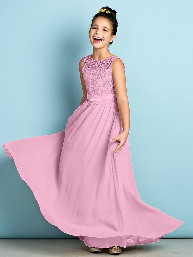 Long A-Line Scoop Neck Flower Girl Dresses Chiffon Lace Junior Bridesmaid Dress Long A-Line Scoop Neck Flower Girl Dresses Chiffon Lace Junior Bridesmaid Dress