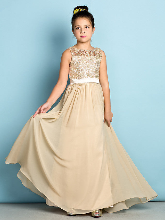 Long A-Line Scoop Neck Flower Girl Dresses Chiffon Lace Junior Bridesmaid Dress Long A-Line Scoop Neck Flower Girl Dresses Chiffon Lace Junior Bridesmaid Dress