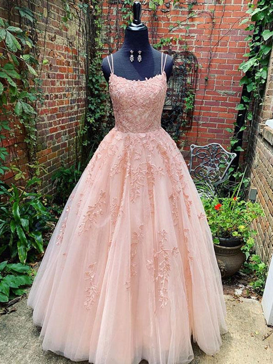 Long A-line Scoop Neck Spaghetti Straps Tulle Lace Formal Prom Dresses-BIZTUNNEL