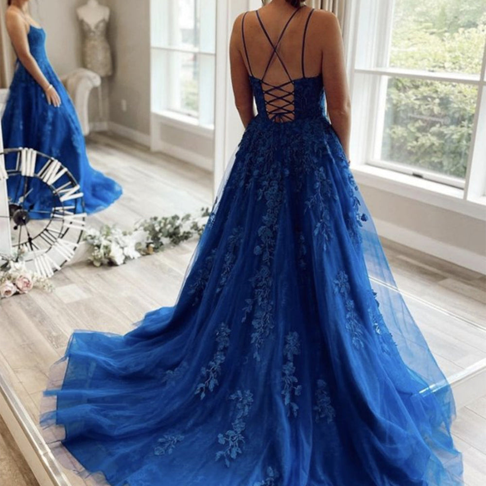 Long A-Line Scoop Neck Tulle Lace Backless Formal Prom Dresses Long A-Line Scoop Neck Tulle Lace Backless Formal Prom Dresses
