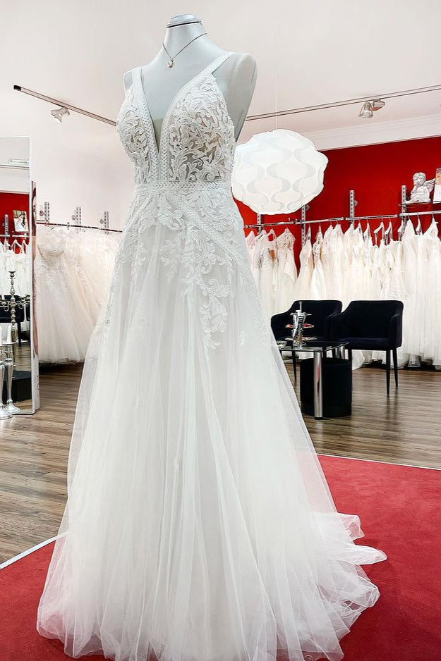 Carregar imagem no visualizador da galeria, Long A-line Sleeveless Tulle Lace Appliques Open Back Wedding Dresses-BIZTUNNEL
