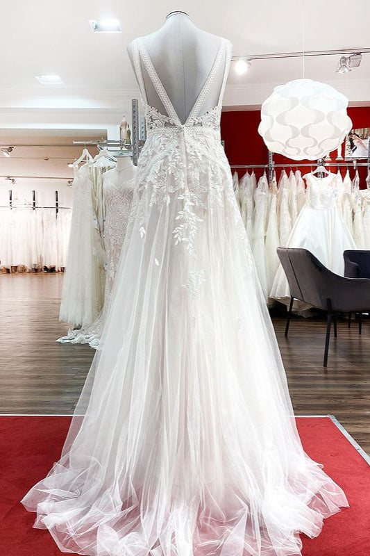 Charger l&amp;#39;image dans la galerie, Long A-line Sleeveless Tulle Lace Appliques Open Back Wedding Dresses-BIZTUNNEL
