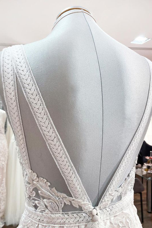 Charger l&amp;#39;image dans la galerie, Long A-line Sleeveless Tulle Lace Appliques Open Back Wedding Dresses-BIZTUNNEL
