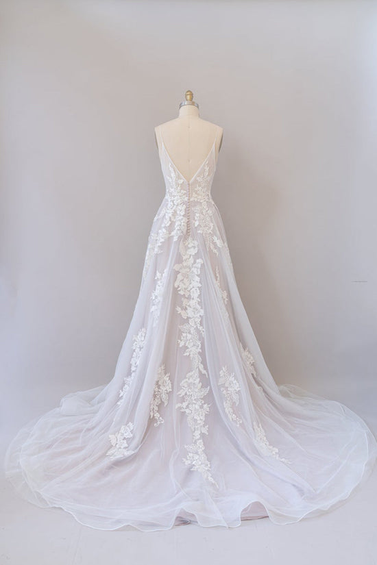 Charger l&amp;#39;image dans la galerie, Long A-line Spaghetti Strap Lace Appliques Tulle Backless Wedding Dress-BIZTUNNEL
