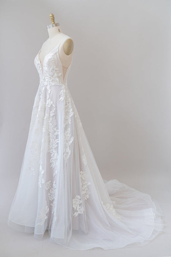 Charger l&amp;#39;image dans la galerie, Long A-line Spaghetti Strap Lace Appliques Tulle Backless Wedding Dress-BIZTUNNEL
