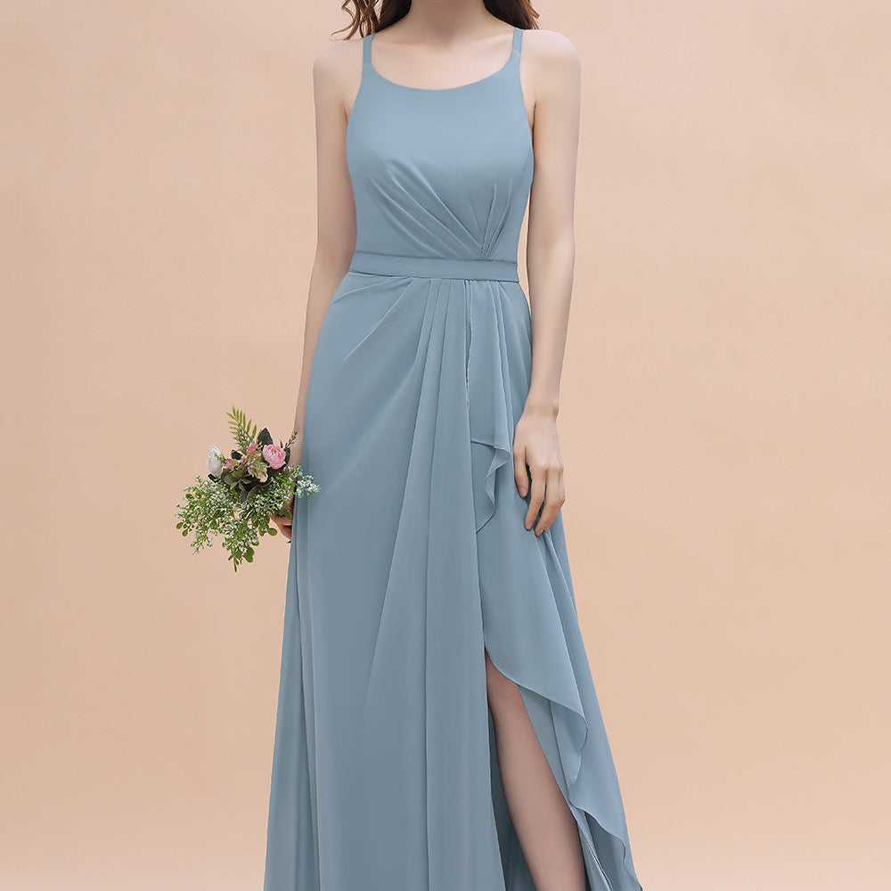 Long A-Line Spaghetti Straps Chiffon Bridesmaid Dress With Slit