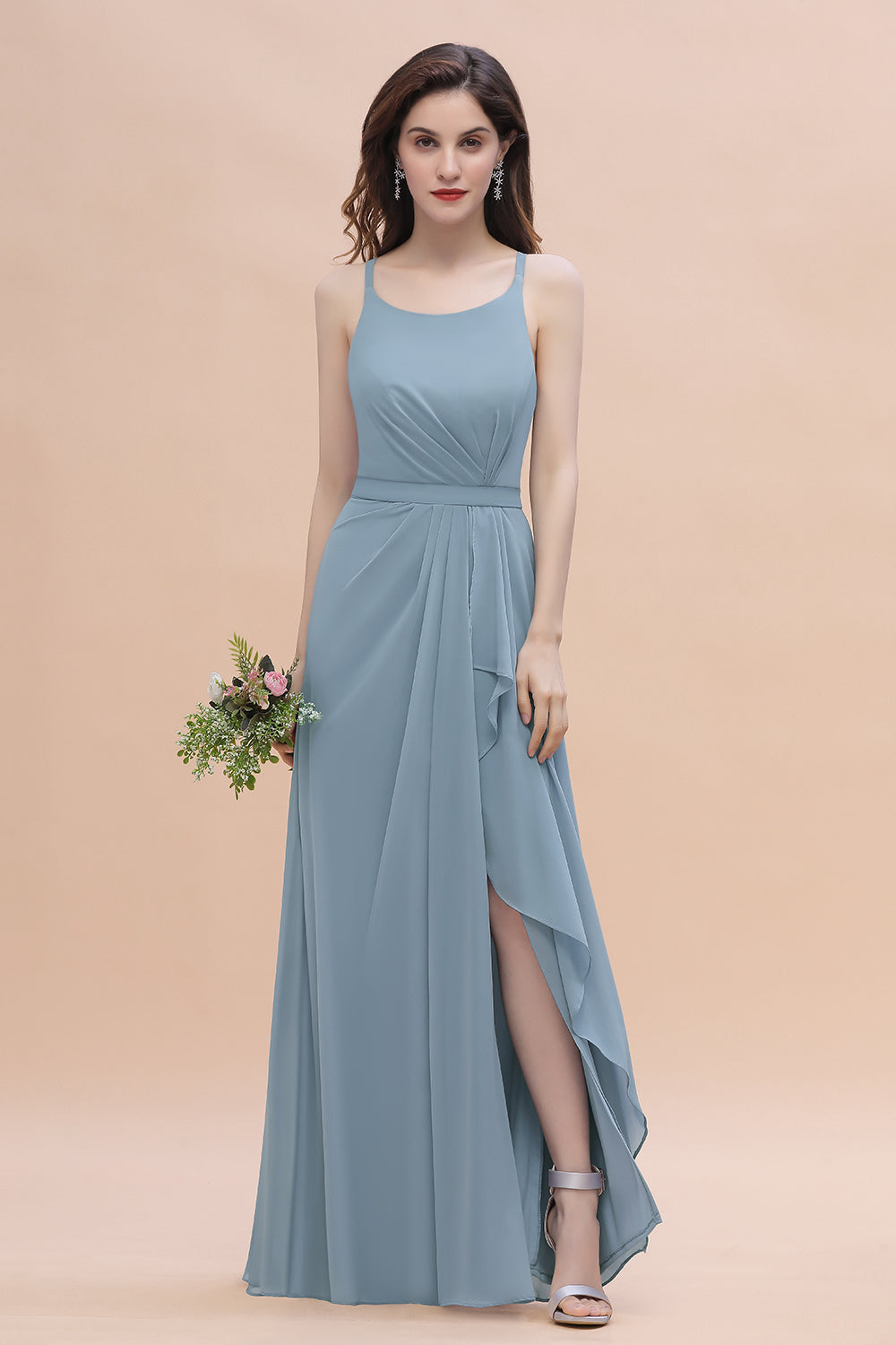 Long A-Line Spaghetti Straps Chiffon Bridesmaid Dress With Slit-BIZTUNNEL