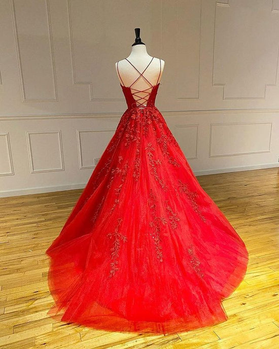Load image into Gallery viewer, Long A-Line Spaghetti Straps Lace Tulle Open Back Prom Dress-BIZTUNNEL
