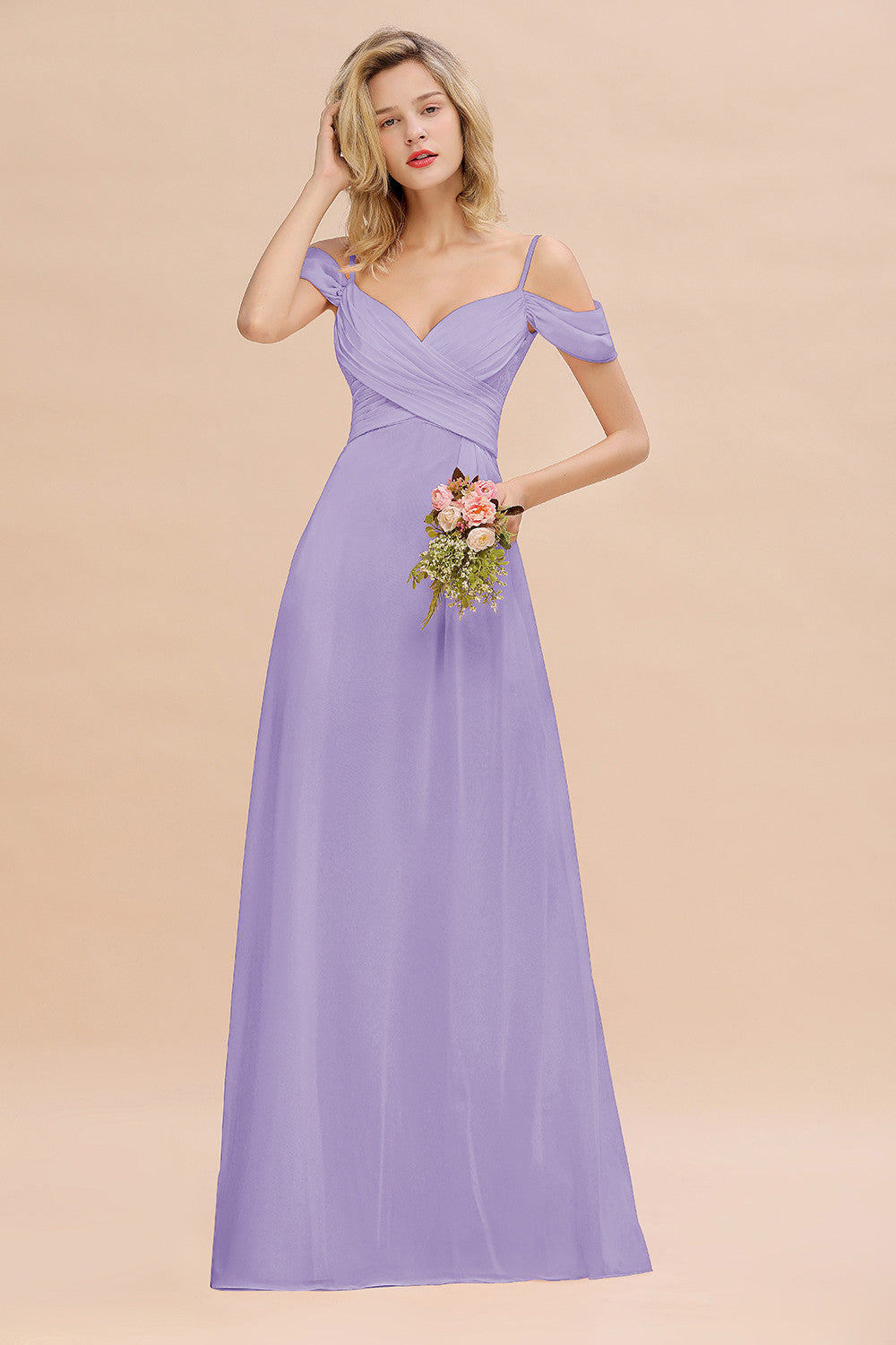 Off Shoulder Spaghetti Straps Ruched Prom Dress Ankle Length Bridesmaids Dress WU1290 main image 1