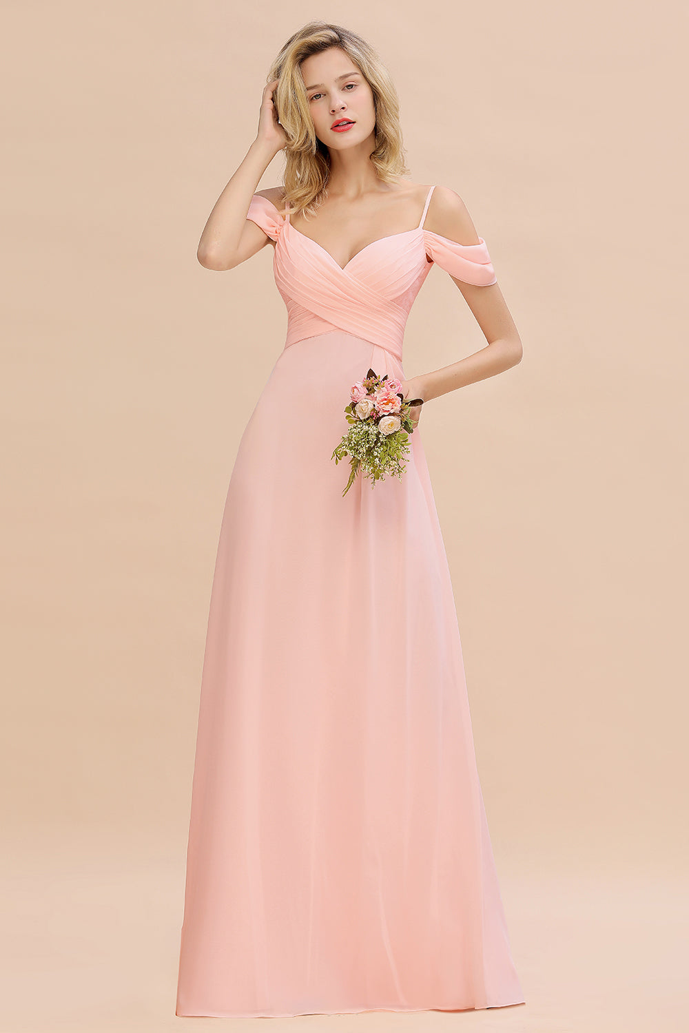 Wholesale Spaghetti Strap Cold Shoulder A-Line Long Bridesmaid Dress