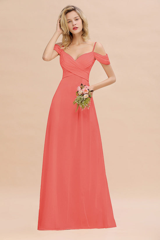 Long A-line Spaghetti Straps Sweetheart Ruffles Bridesmaid Dress with Sleeves-BIZTUNNEL