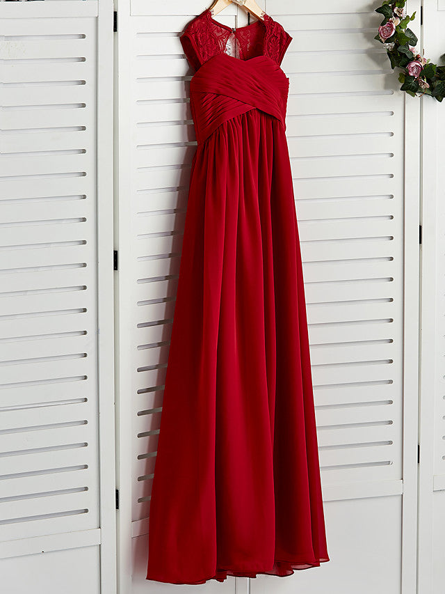 Long A-Line Square Neck Chiffon Junior Bridesmaid Dress With Lace Ruching-BIZTUNNEL