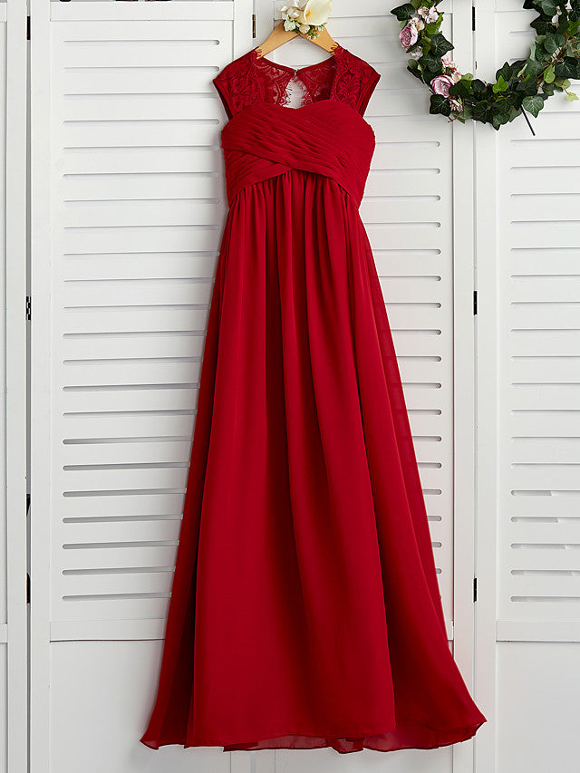 Long A-Line Square Neck Chiffon Junior Bridesmaid Dress With Lace Ruching Long A-Line Square Neck Chiffon Junior Bridesmaid Dress With Lace Ruching