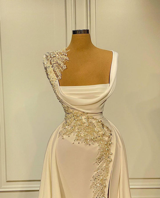 Long A-Line Square Neckline Satin Ivory Prom Dress With Slit-BIZTUNNEL