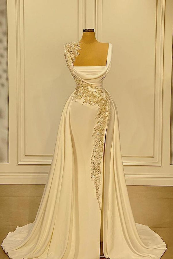 Long A-Line Square Neckline Satin Ivory Prom Dress With Slit-BIZTUNNEL