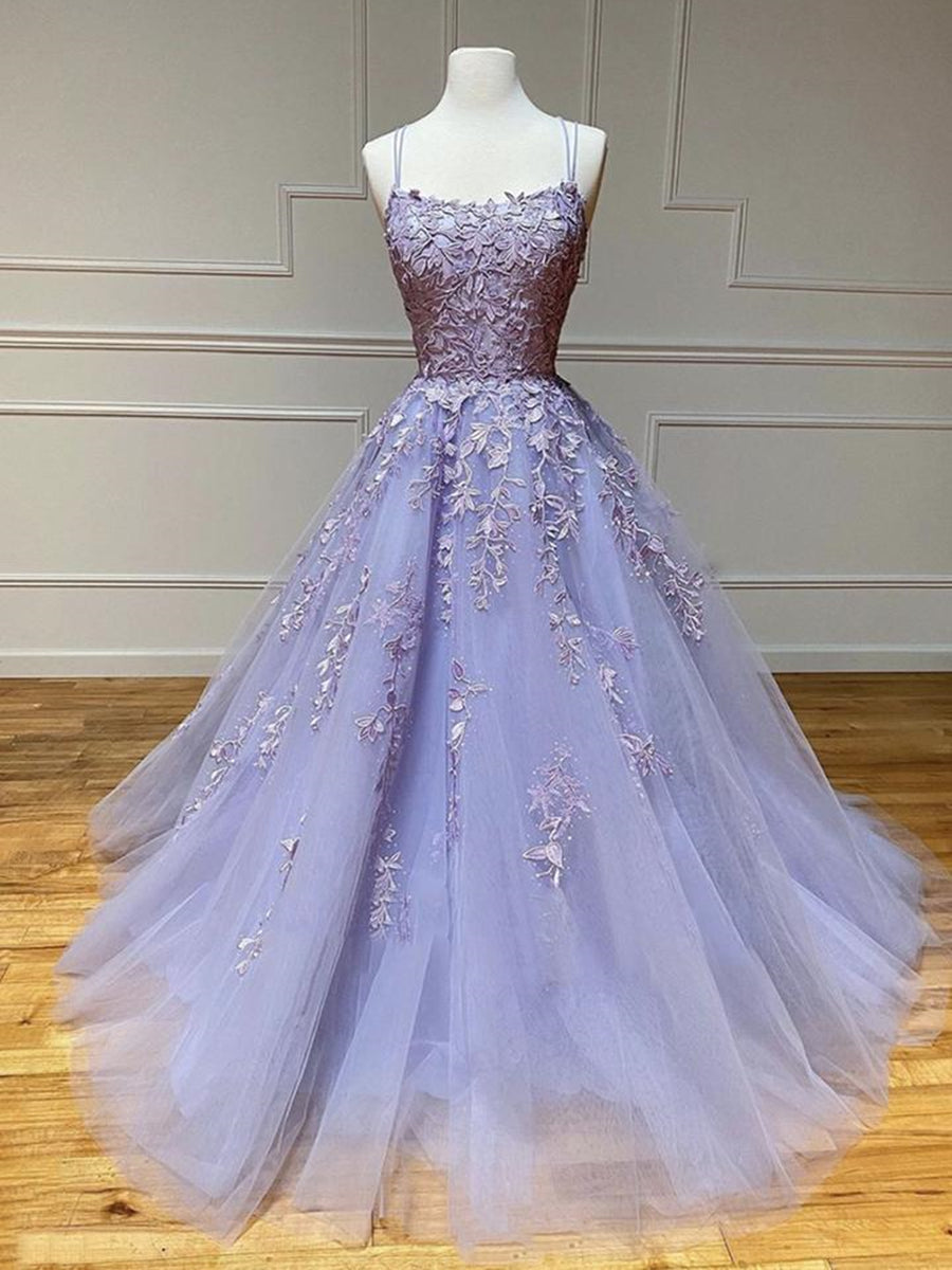 Long A-line Strapless Backless Tulle Lace Formal Graduation Prom Dresses-BIZTUNNEL