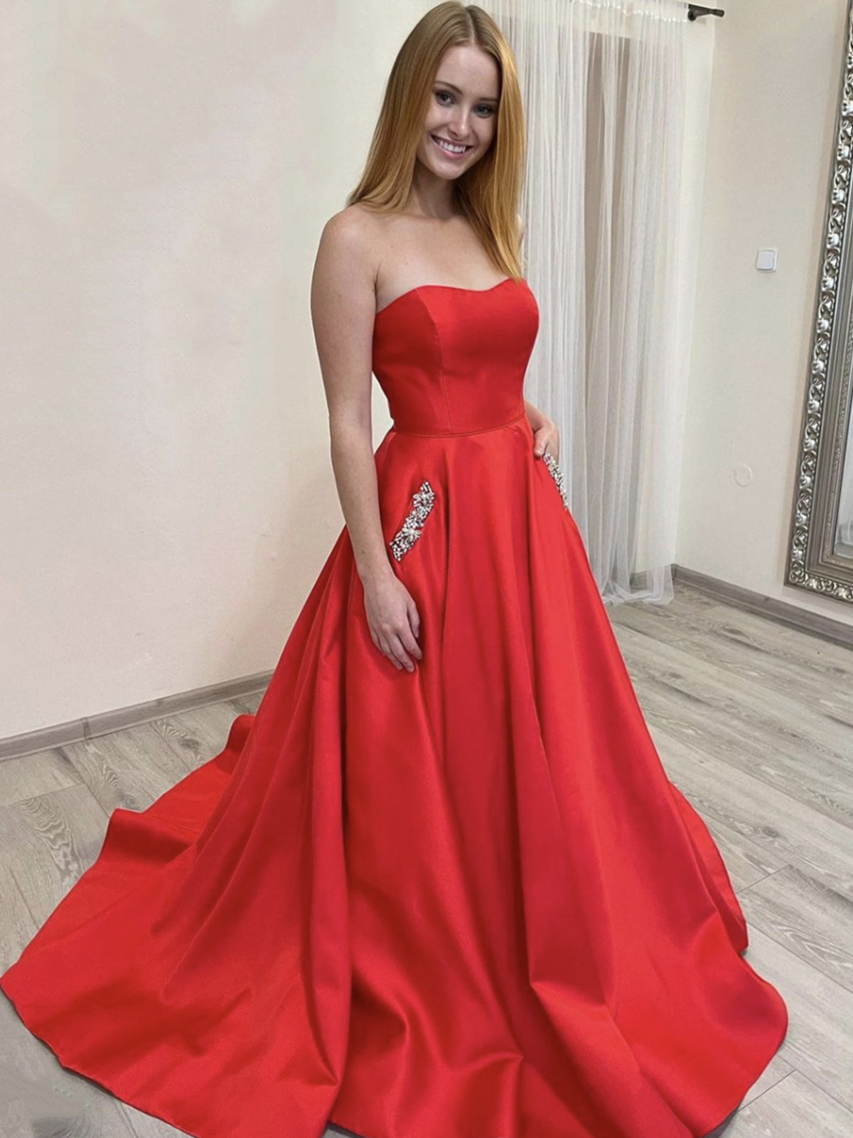 Long A-line Strapless Satin Prom Dress Red Formal Graduation Evening Dresses with Pockets-BIZTUNNEL