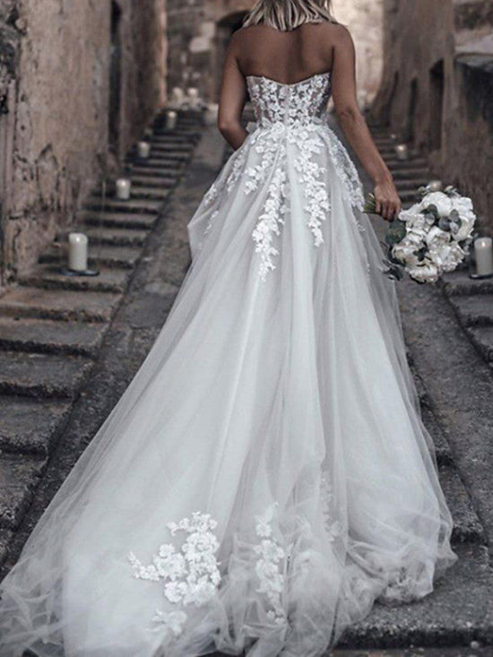 Attractive A-line Wedding Dress New Strapless Tulle Off the Shoulder Brush Train Lacing Up