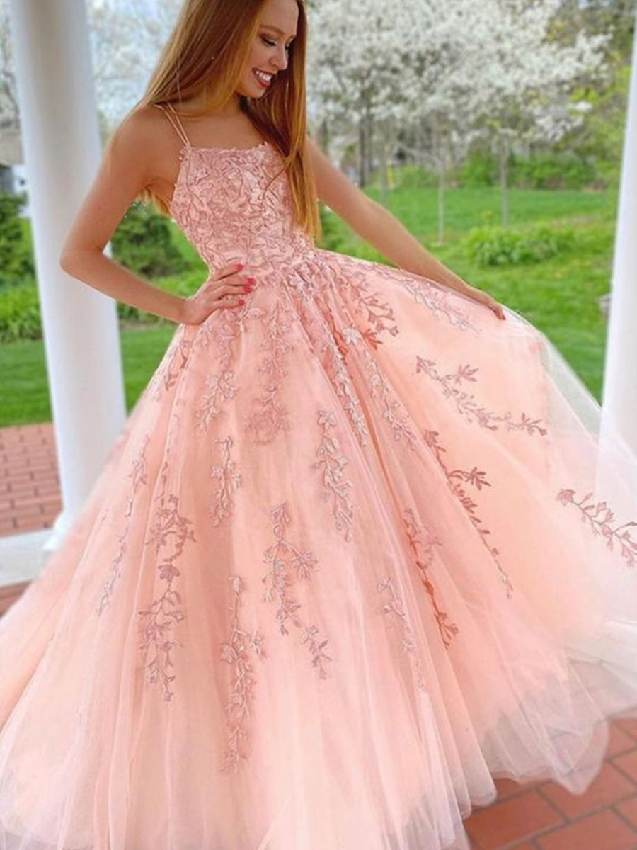 Long A-line Strapless Tulle Lace Formal Graduation Evening Prom Dresses-BIZTUNNEL